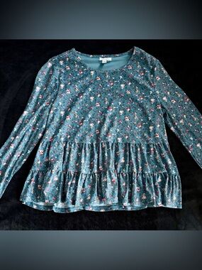 love, Fire Teal Floral Ruffle-Hem Long Sleeve Top